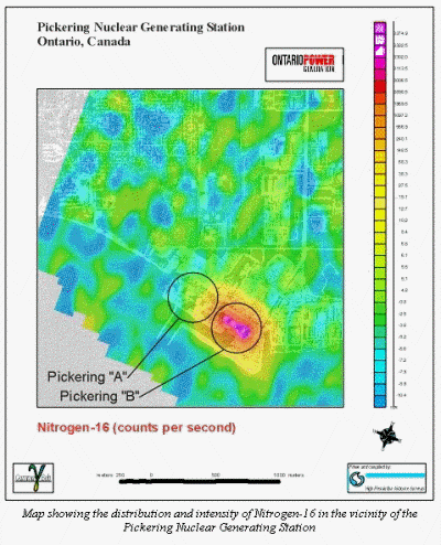 map showing the intensity of nitrogen-16 around the Pickering Nuclear Generating Station